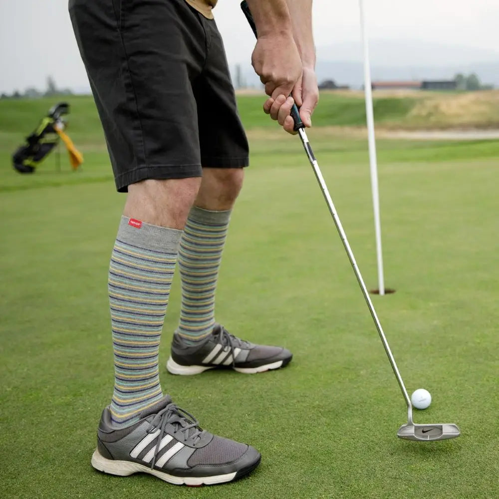 Pinstripe Grey, Blue, Yellow Cotton Compression Knee Highs - Wide Calf