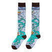 Pair of socks with an octopus design on a light blue background