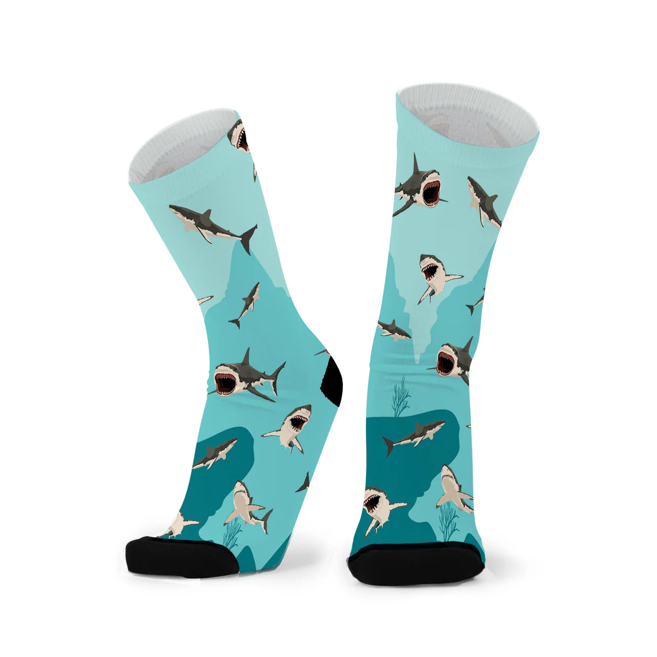 Shark-themed socks on a white background