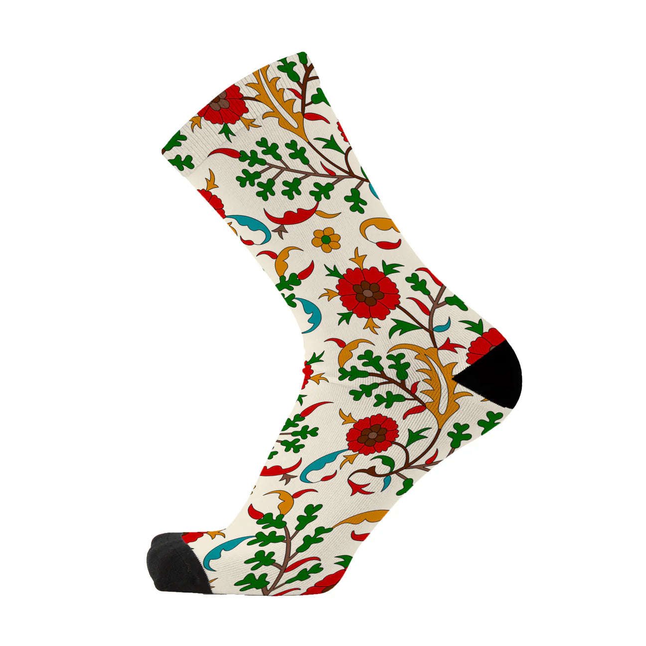 Colorful floral patterned sock on a white background