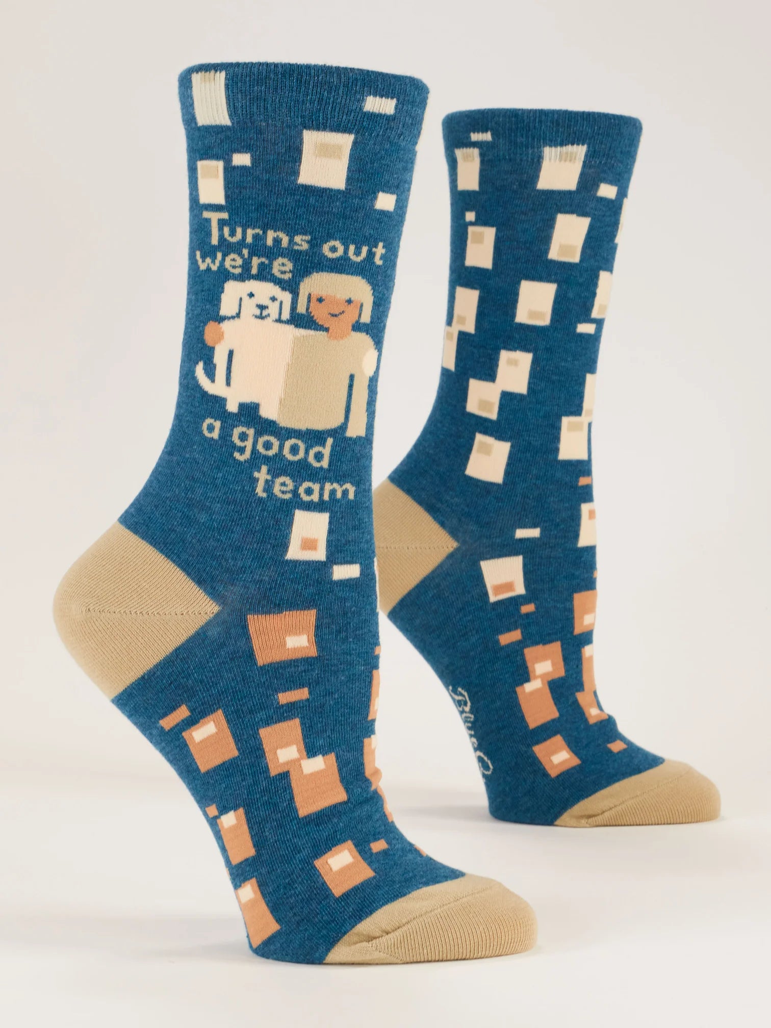 Blue socks with a graphic design and text on a white background
