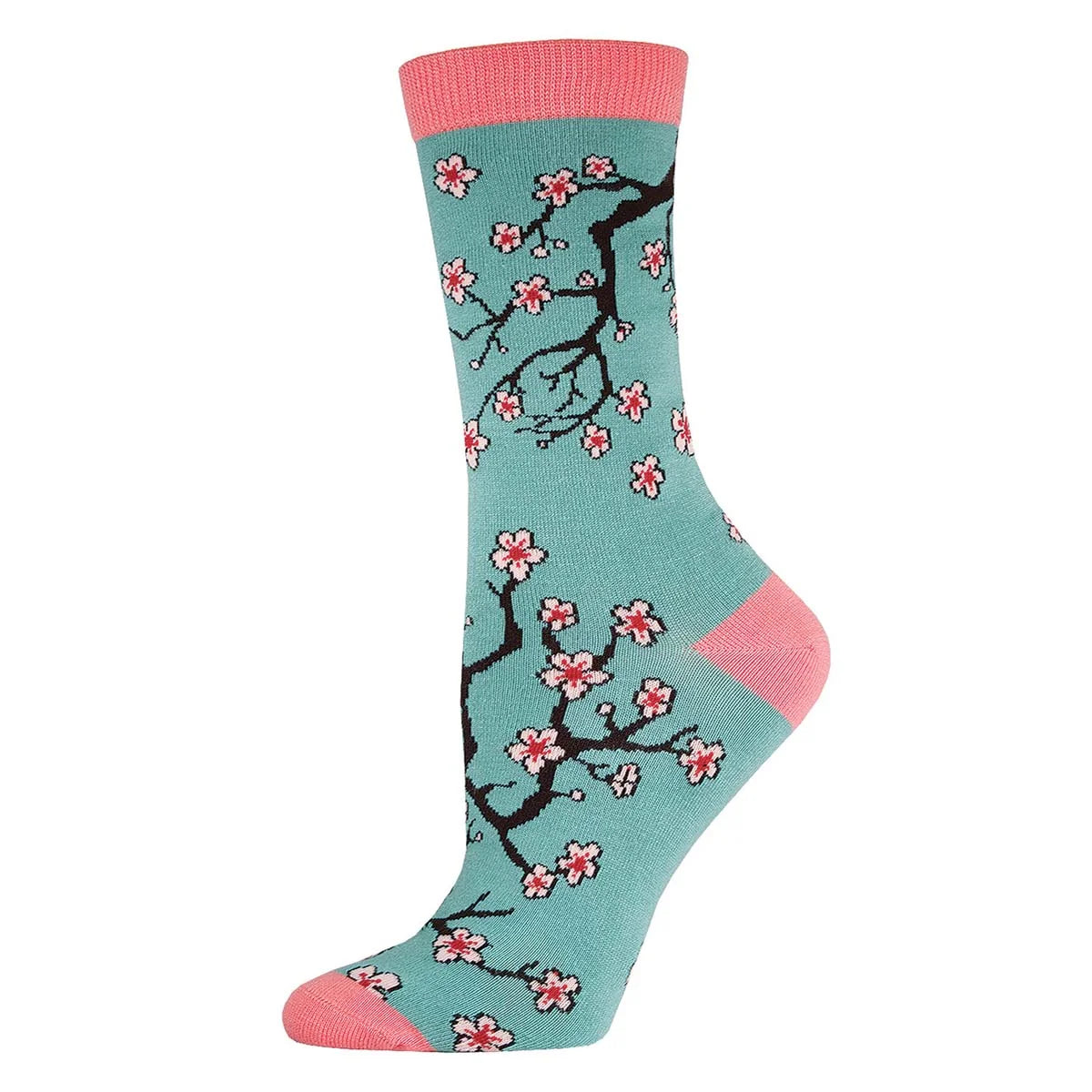 Sock with cherry blossom design on a light blue background