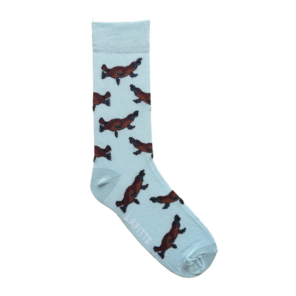 Platypus on Light Blue Crew Socks - Aussie Made - The Sockery