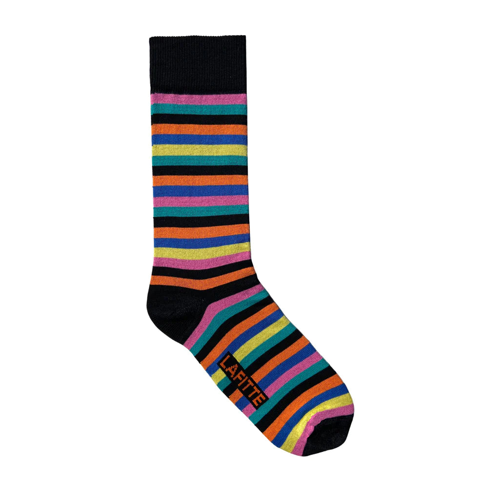 Multicoloured Stripes on Black Crew Sock - The Sockery
