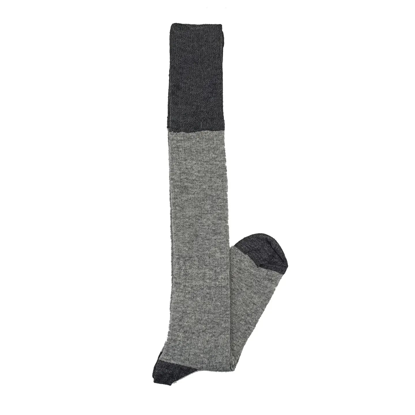 A single knee-high sock shown flat against a plain white background, featuring a dark charcoal gray ribbed cuff, a heather gray midsection, and a dark charcoal gray toe and heel.