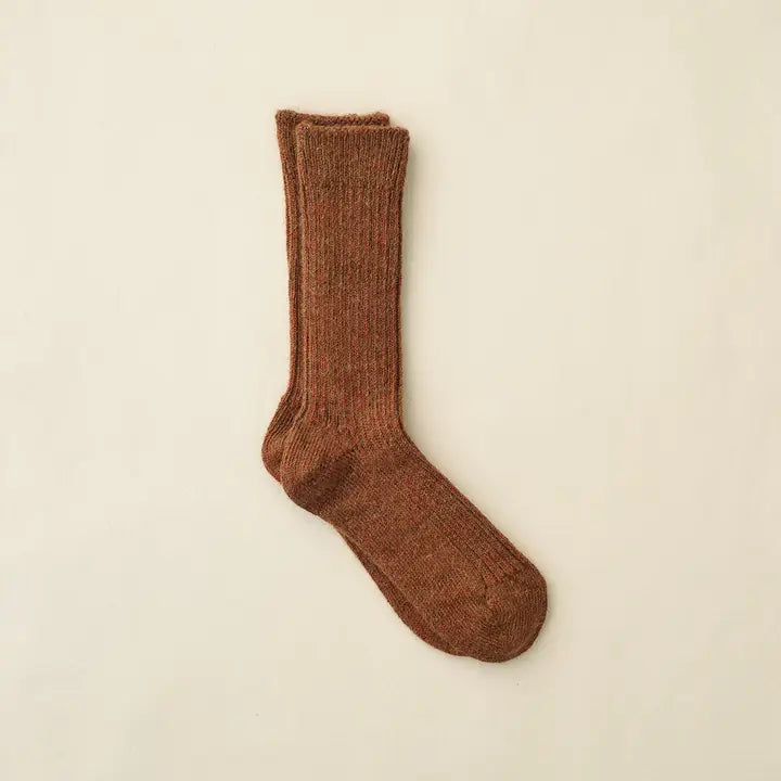 Alpaca Linen Ribbed Socks in Brick and Brown