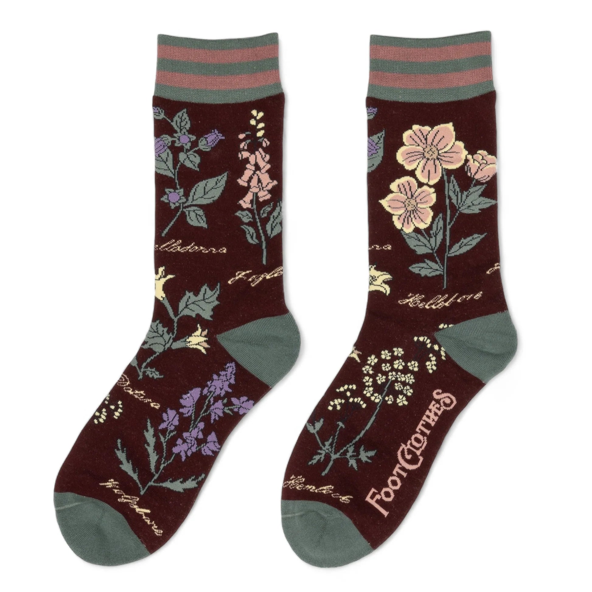 Pair of floral-patterned socks on a white background