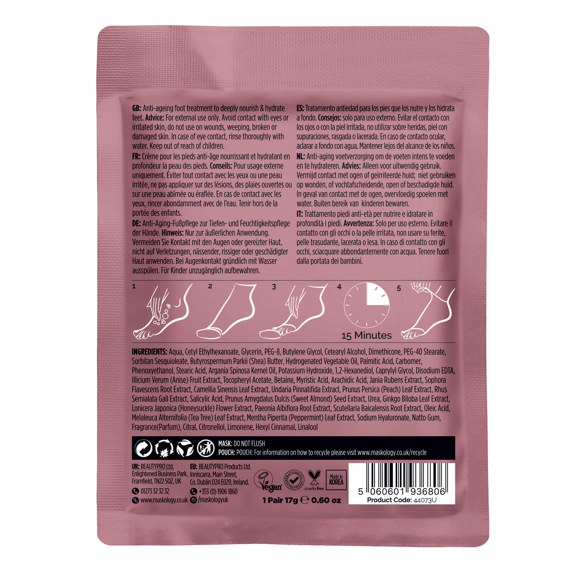 Back view of a pink skincare treatment packet with text and icons on a white background