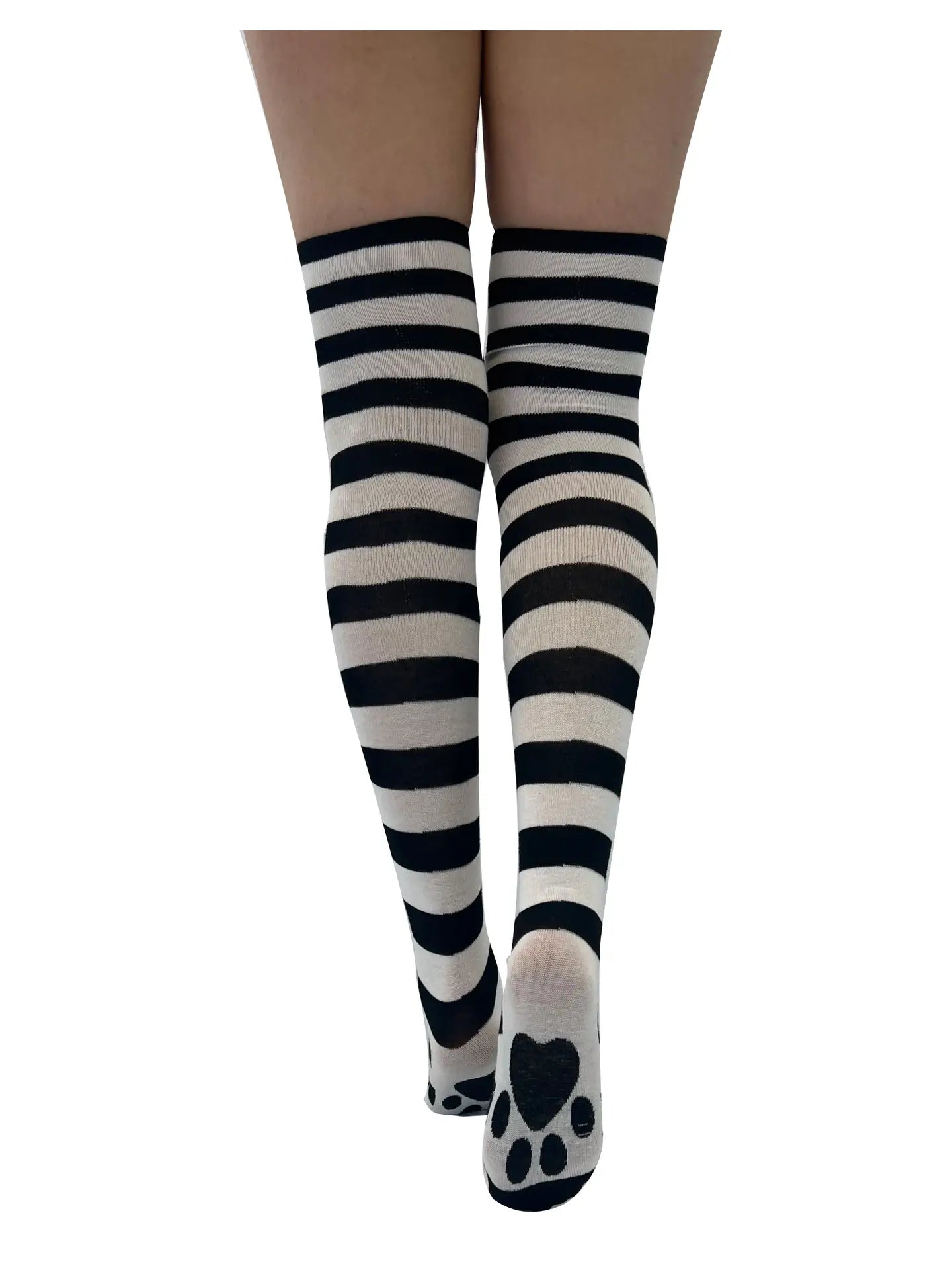 Striped Over the Knee Socks in White and Black - With Cat Paw - The Sockery