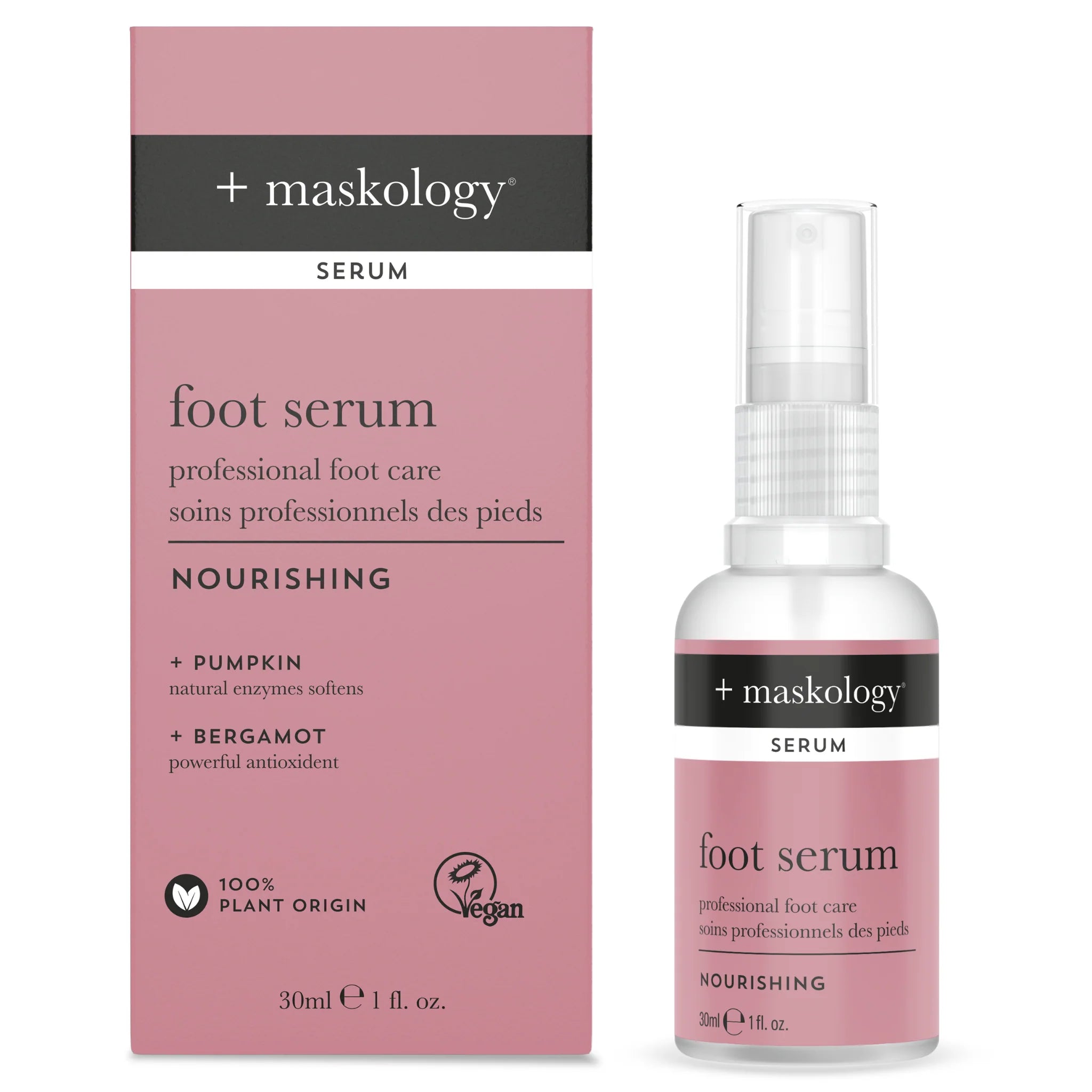 Maskology foot serum packaging with pink and white design on a white background