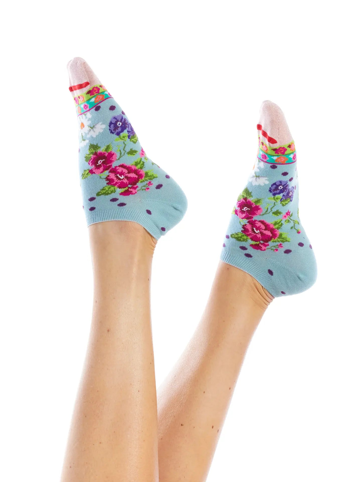 Colorful floral ankle socks on a white background