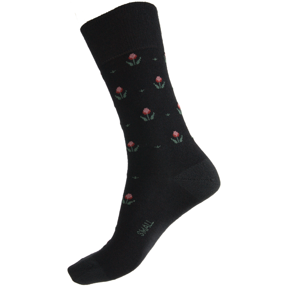 Black crew socks with a tulip pattern