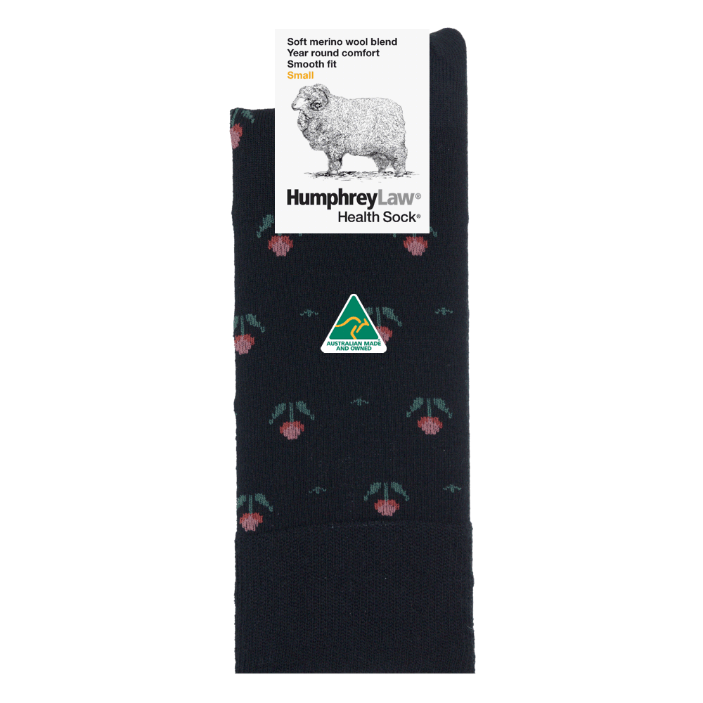 Pretty Tulips on Black Merino Wool Women's Crew Socks - Aussie Made