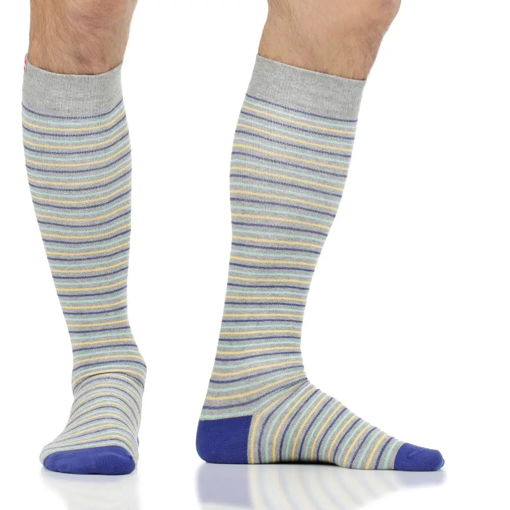 Pinstripe Grey, Blue, Yellow Cotton Compression Knee Highs - Wide Calf