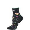 Black sock with butterfly and floral pattern on a white background