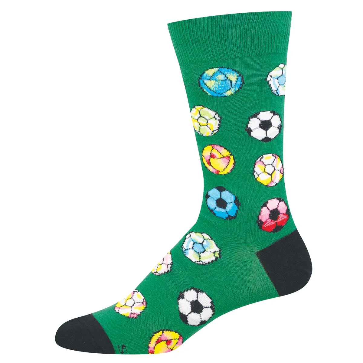Green sock with colorful soccer ball pattern on a white background