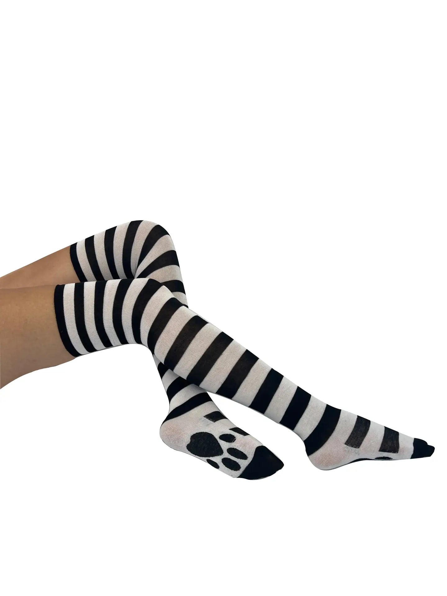 Striped Over the Knee Socks in White and Black - With Cat Paw - The Sockery