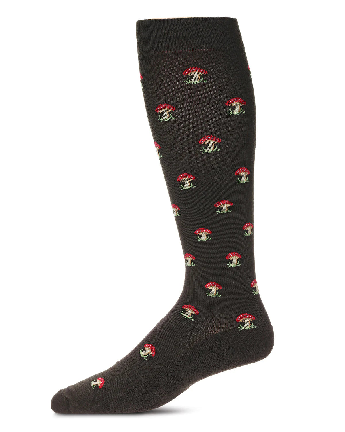 Black sock with red and green mushroom pattern on a white background
