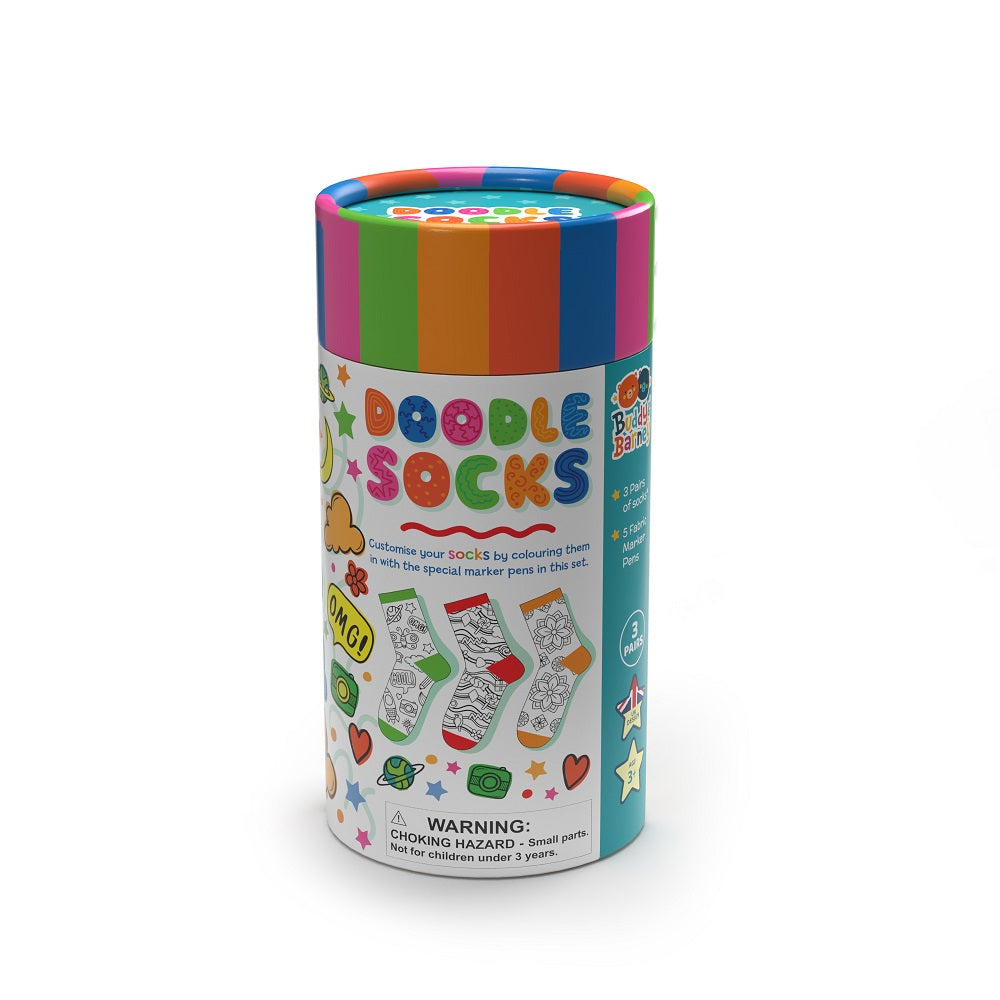 Colorful cylindrical container of Doodle Socks on a white background