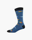 Blue sock with colorful fish patterns on a white background