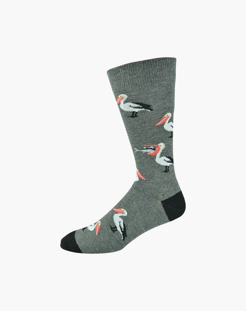 A pair of men's gray bamboo socks with a pattern of pelicans and fishing nets