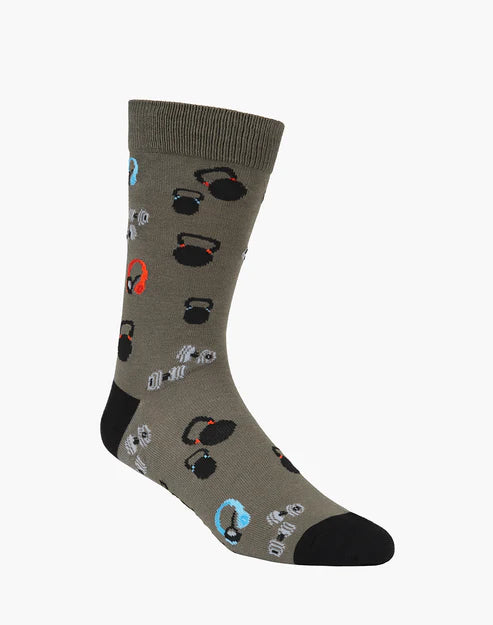 Gray sock with black and multicolor gym weights design on a white background
