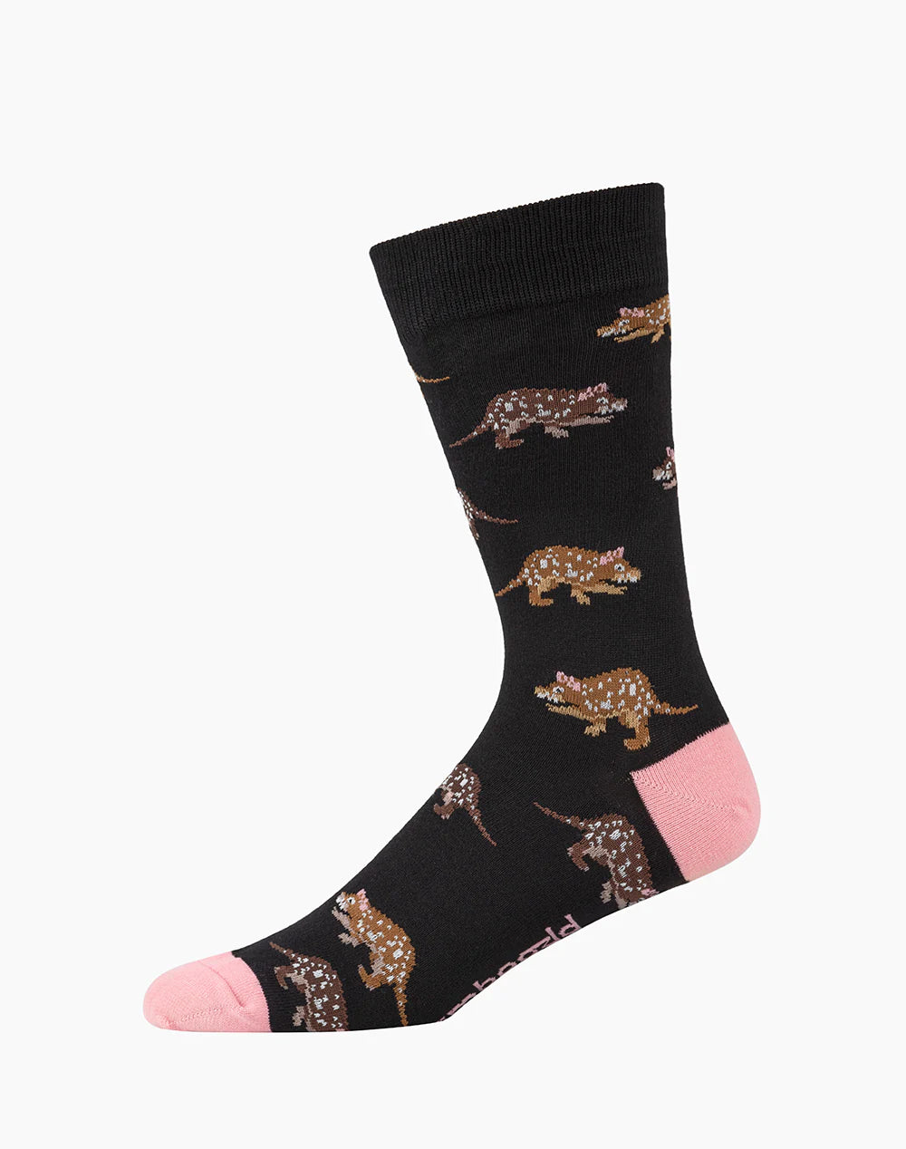 fiesty quoll on black bamboo sock - the sockery