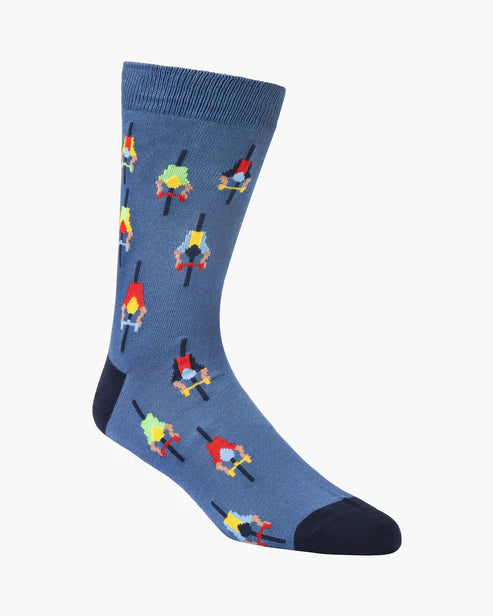 Blue sock with colorful cyclist pattern on a white background