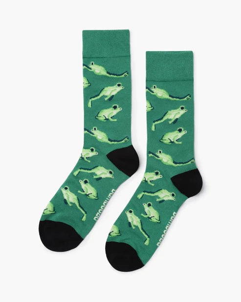 Green socks with frog pattern on a white background