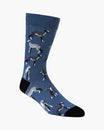 Blue sock with dog pattern on a white background