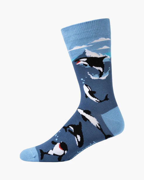 Killer Whales on a Blue Men's Crew Sock