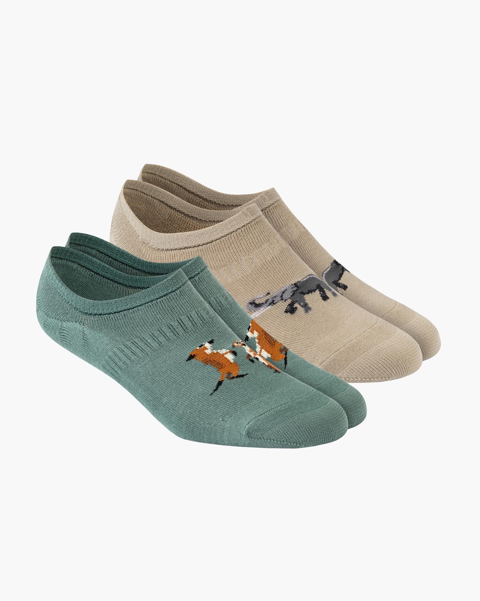 Two pairs of socks with meerkat and elephant designs on a white background