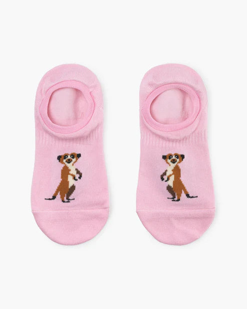 Two pink socks with a meerkat design on a white background