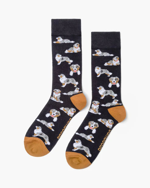Australian Shepherd on Black Men's Crew Sock