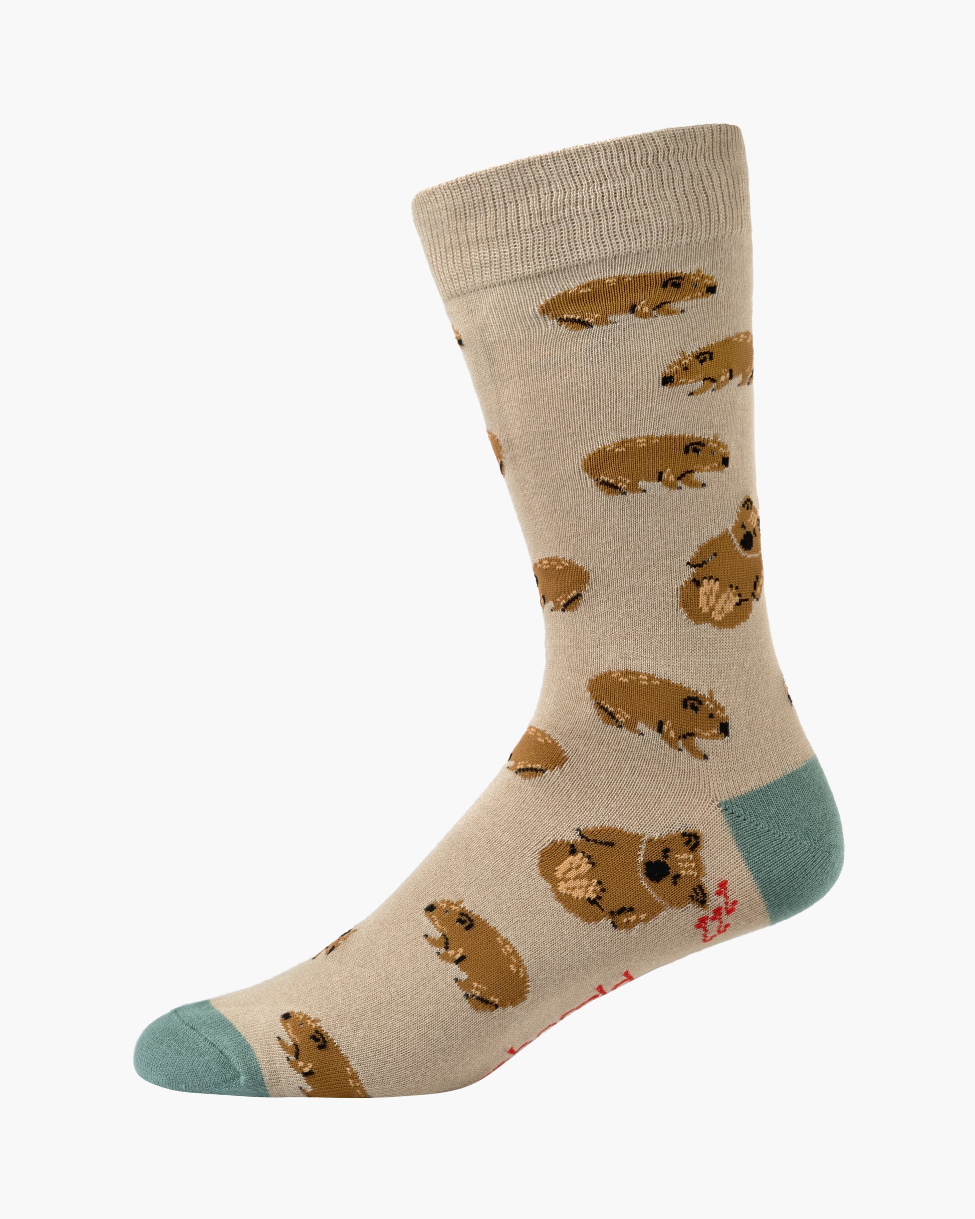 Beige sock with brown animal pattern on a white background