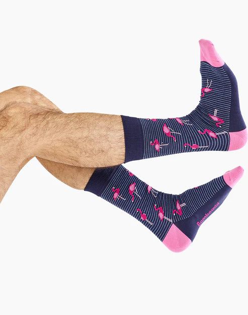 Flamingo on Stripes Mens Bamboo Crew Socks - The Sockery