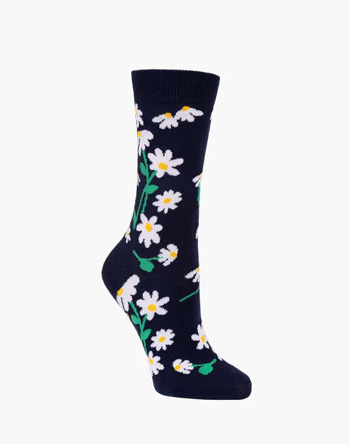 Navy blue sock with white daisy flower pattern