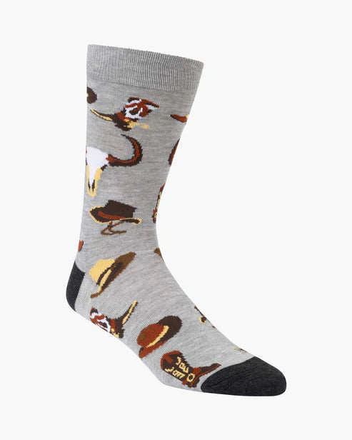Gray sock with cowboy pattern on a white background
