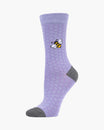 Purple sock with a bee and honeycomb pattern on a white background