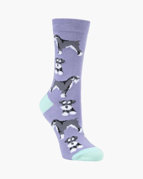 Purple socks with schnauzer dog pattern on a white background