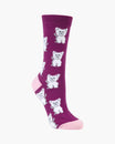 Purple sock with white dog patterns on a white background