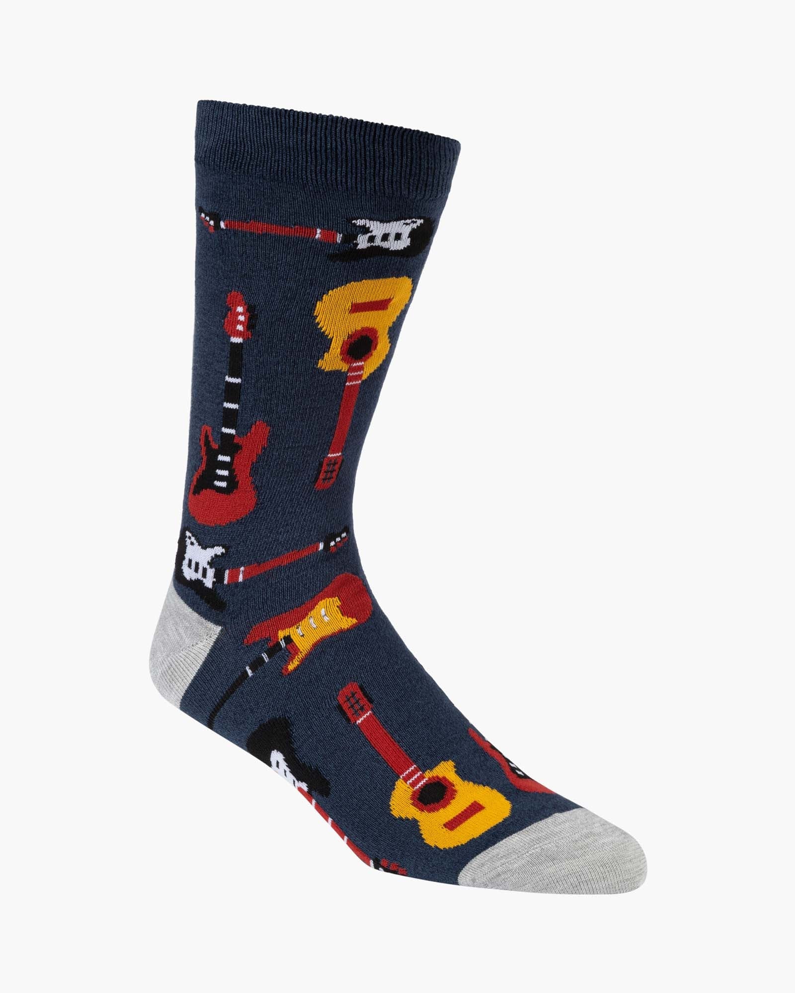 Navy sock with guitar pattern on a white background