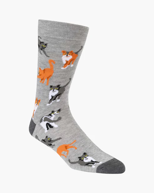 Gray sock with colorful cat pattern on a white background