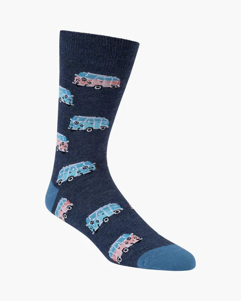 Navy sock with vintage van pattern on a white background