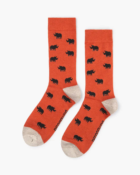 Ditsy Rhinos on Rust Mens Crew Sock