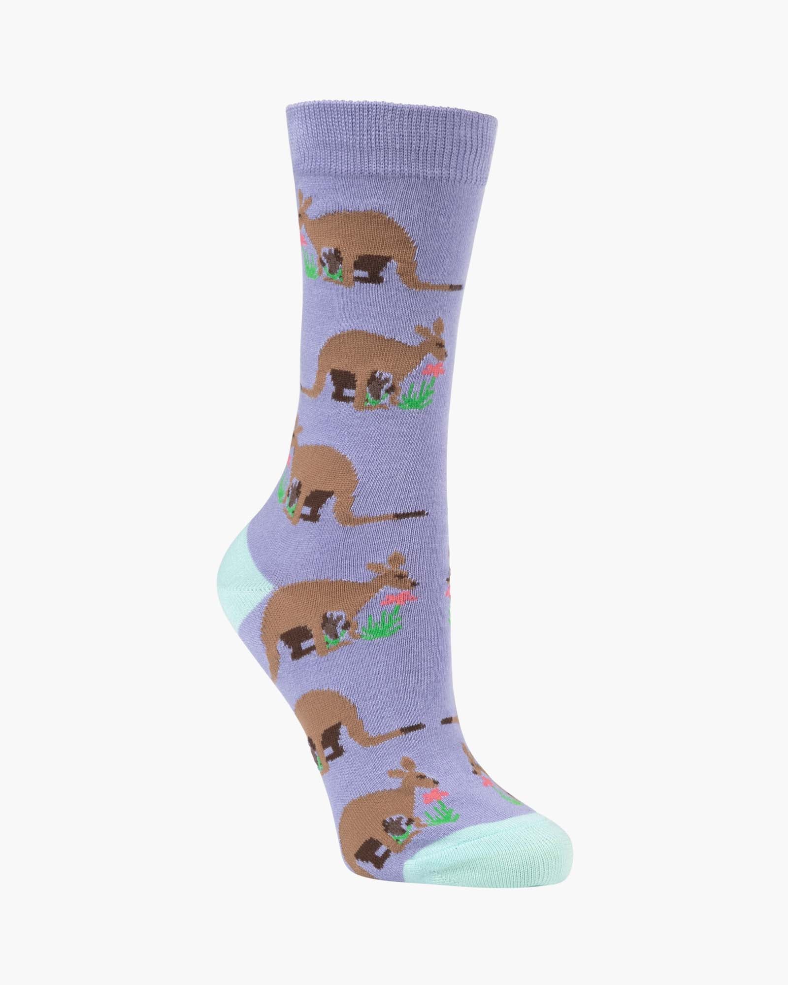 Purple sock with kangaroo design on a white background