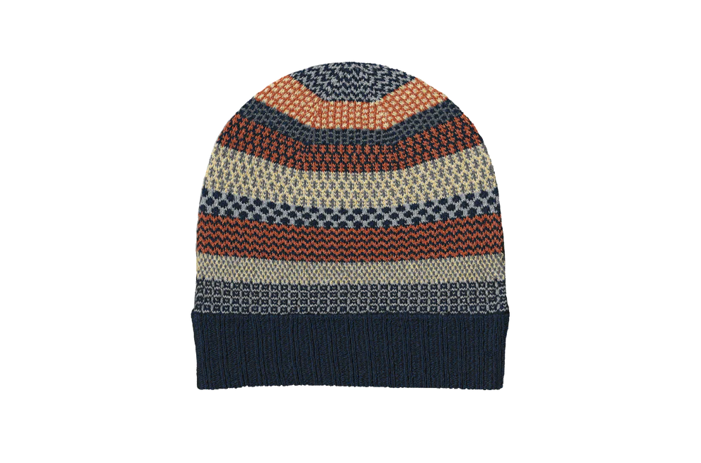 Knitted beanie with multicolor pattern on a white background
