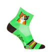 Green sock with a cat design on a white background