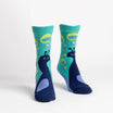 Pair of socks with peacock design on a white background