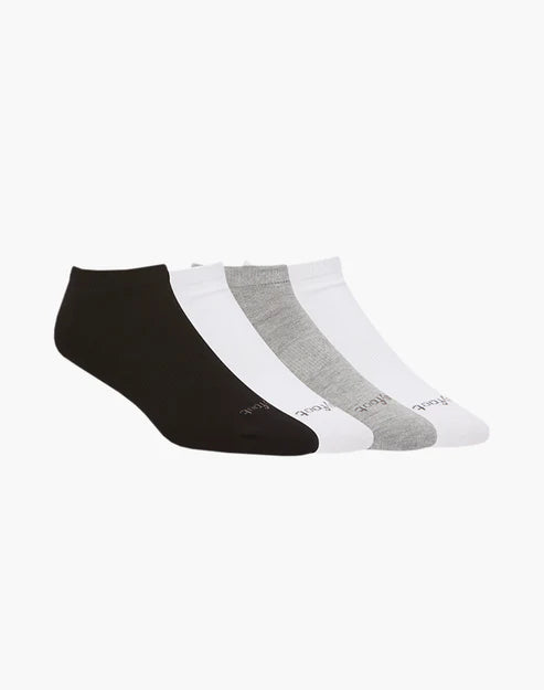 Set of four pairs of socks in black, white, and gray on a white background